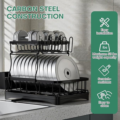 2 Tier Dish Rack, Carbon Steel Dish Drying Rack for Kitchen Organization & Storage, Countertop / Sink Dish Rack with Automatic Drain Tray, Large Capacity Black Dish Rack - Essential Home Kitchen Item