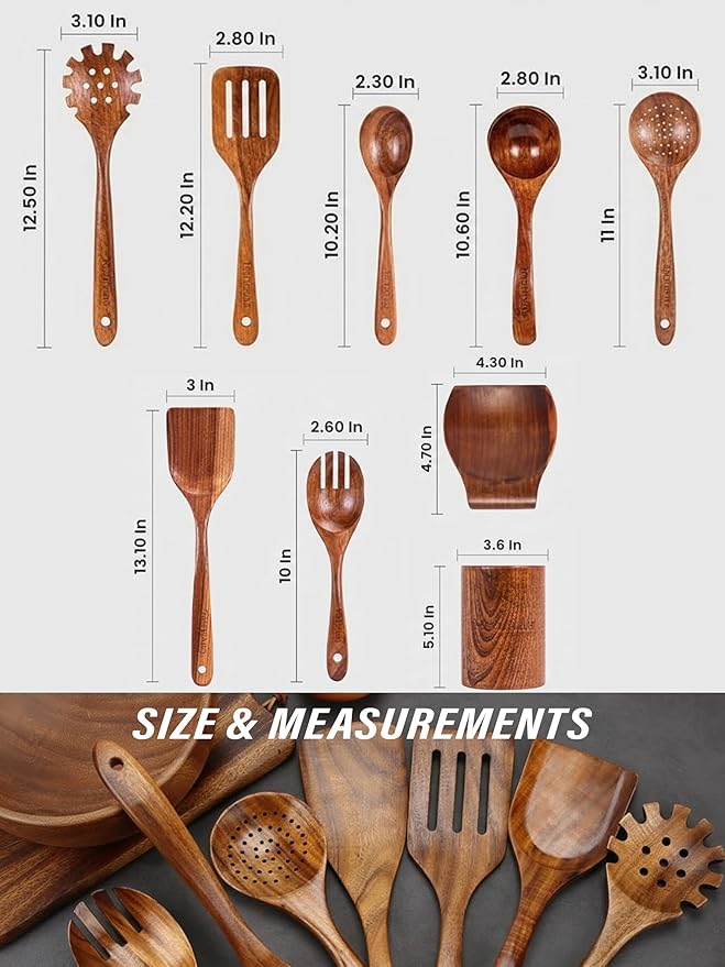9-Piece Teak Wooden Kitchen Utensil Set – Nonstick Safe Cooking Spoons & Spatulas, Heat Resistant, Durable Natural Wood, Comfortable Grip Handles