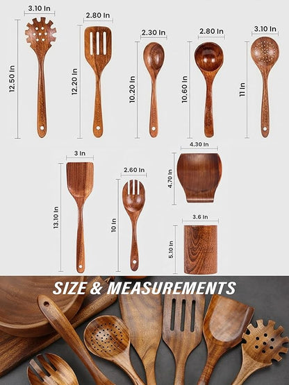 9-Piece Teak Wooden Kitchen Utensil Set – Nonstick Safe Cooking Spoons & Spatulas, Heat Resistant, Durable Natural Wood, Comfortable Grip Handles