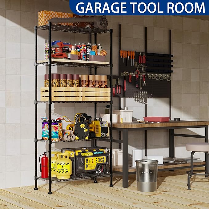 REGILLER 5-Wire Shelving Metal Storage Rack Adjustable Shelves,Standing Storage Shelf Units for Laundry Bathroom Kitchen Pantry Closet(Black,14.1" D x 30" W x 79" H) - Image 4