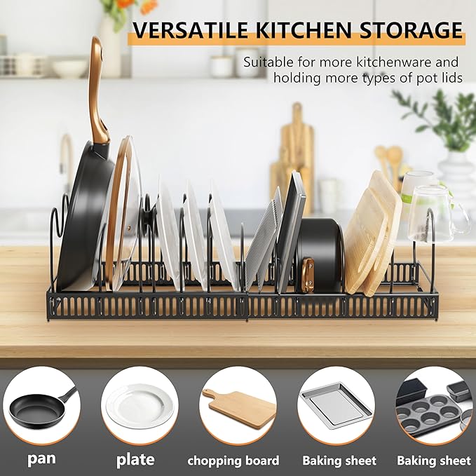 Pots and Pans Organizer Rack for Under Cabinet Expandable Pot Lid holders inside Organizer 10 Adjustable Divider Pan organizer 11.81''-22.85'' Pan lid organizer for cabinet Organizer for Bakeware - Image 3