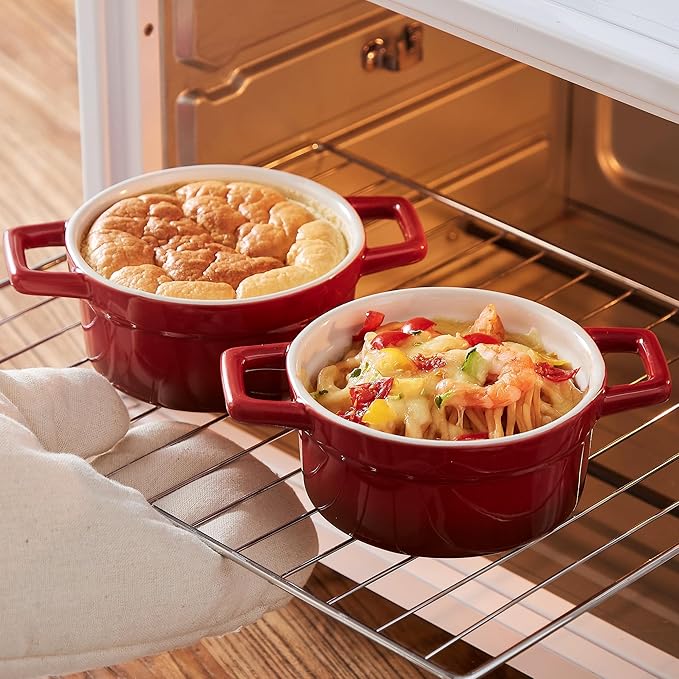 Lareina Mini Cocotte - 12oz Ceramic Casserole Dishes - Kitchen Casserole Sets With Handles And Lid - Small Baking Ramekins - Oven, Microwave & Dishwasher Safe - Set of 4 - Red - Image 4