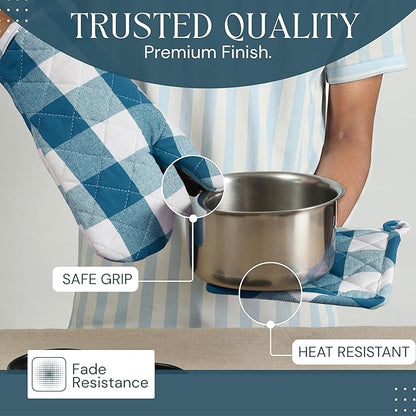 Oven Mitt & Pot Holder Buffalo Plaid Check 100% Cotton Heat Resistant Oven Gloves (7"x13") & Hot Pads (8"x8") Combo for Baking, Cooking - Teal