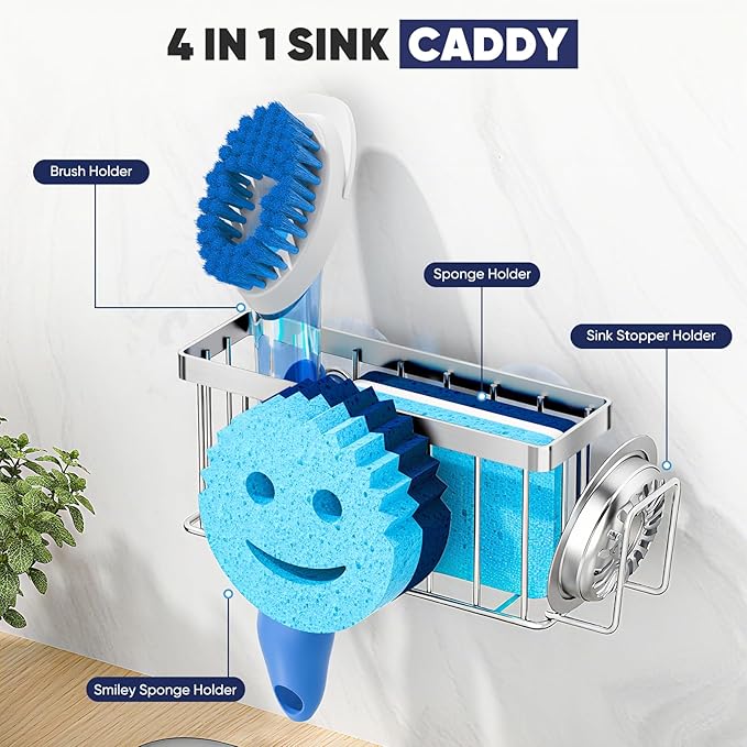 MURLONG Sponge Holder for Kitchen Sink,Sink Caddy Smiley Face,4-in-1 Sponge Holder with Suction Cups & 1 PCS Adhesive Strips for Holding Soap,Brush,Scrubber,Sponge,Stopper-Silver - Image 5