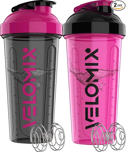VELOMIX -2 Pack- 28 oz Protein Shaker Bottles for Protein Mixes - 2x Wire Whisk | Leak Proof Shaker Cups for Protein Shakes and Pre Workout | Protein Shaker Bottle Pack (B2) Black/Pink