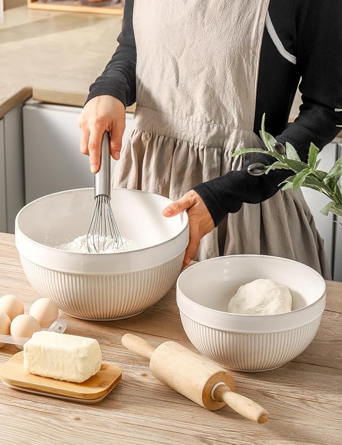 Ceramic Large Glazed White Stripe Mixing Bowls for Kitchen, Set of 2 Big Serving Bowls for Cooking, Popcorn, Salad, Soup, Baking, Dough Bread Making Bowl, 10 inch + 8 inch - Image 3