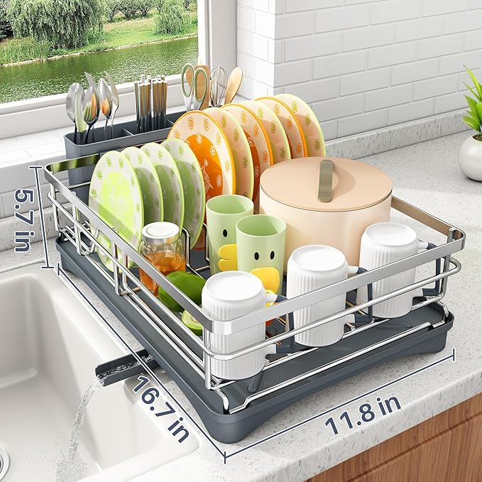 Dish Drying Rack - Stainless Steel Dish Rack for Kitchen Counter, Large-Capacity Dish Drainer with Cutlery Holder, Kitchen Organizer for Dishes, Spoons and Forks, Silver - Image 5