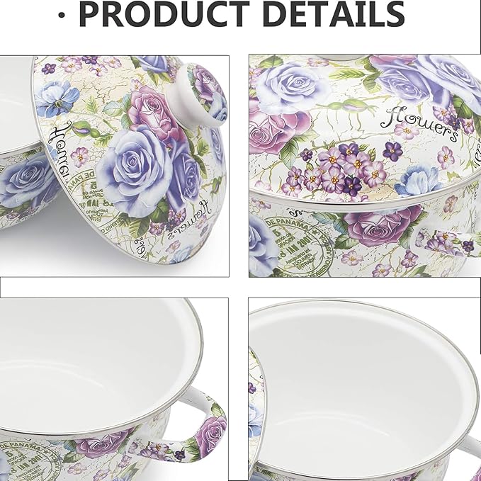 Retro 5QT Flower Enamel on Steel Stock Soup pot with Lid, Stockpots for Cooking,Retro Classic Design - Image 4