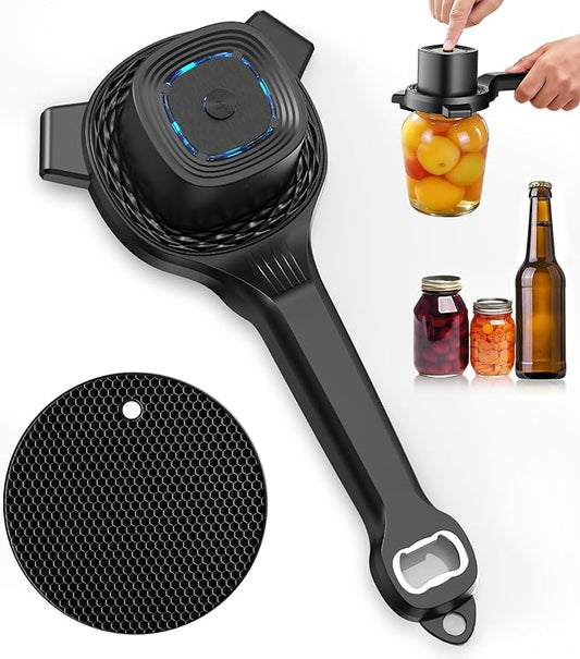 Electric Jar Opener for Seniors with Power-Clamp Technology, 2-in-1 Patent Automatic Jar & Bottle Opener Rechargeable 800mAh Hands-Free Opener with Bonus Anti-Slip Gripper Pad for Beer, Dressing, Jar