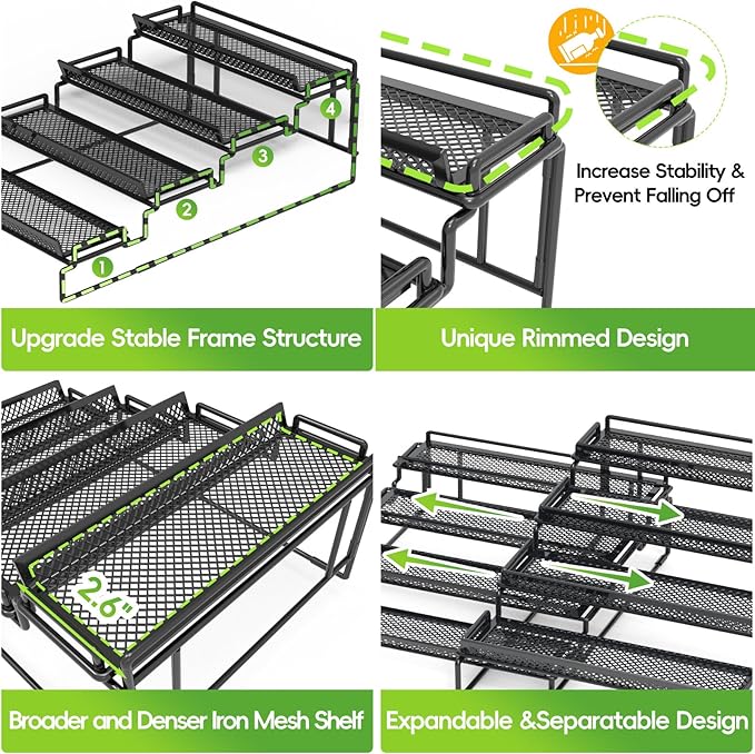 4 Tier Adjustable Spice Rack Organizer for Cabinet - Black (2 PCS S&L) Expandable Spice Shelf with Protection Railing for Inside Cabinets, Countertop, Pantry Storage & Seasoning Organization - Image 4