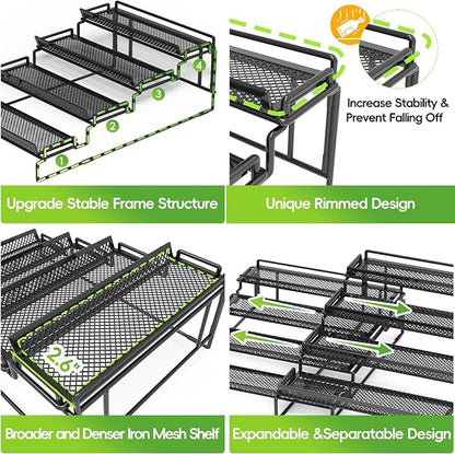 4 Tier Adjustable Spice Rack Organizer for Cabinet - Black (2 PCS S&L) Expandable Spice Shelf with Protection Railing for Inside Cabinets, Countertop, Pantry Storage & Seasoning Organization - Image 4