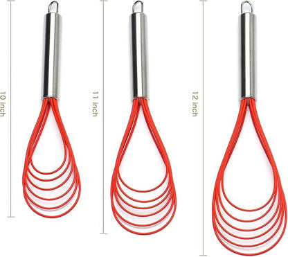 Flat Whisk Set,Stainless Steel 3 Pack 10''+11''+12'' Premium Sturdy-6 Silicone Heads Non Stick Wires Whisk for Blending Beating Stirring Kitchen Cooking Color Red by Jell-Cell - Image 5