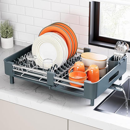 Urackify Stainless Steel Dish Drying Rack - Dish Drainer for Kitchen Counter, Extendable Drainboard with Foldable, Space-Saving Cup & Bowl Organizer, Includes Knife and Utensil Holder, Matte-Green by Urackify