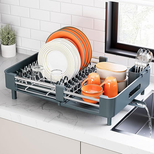 Urackify Stainless Steel Dish Drying Rack - Dish Drainer for Kitchen Counter, Extendable Drainboard with Foldable, Space-Saving Cup & Bowl Organizer, Includes Knife and Utensil Holder, Matte-Green by Urackify