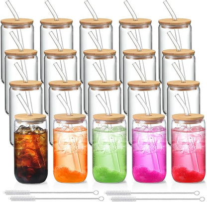 NETANY 20 Pack Glass Cups with Lids and Straws 16 oz, Personalized Customizable Glasses for Gift, Business, Drinking glasses set, Iced Coffee Cup, Cute Aesthetics Tumbler for Tea, Homemade Drinks by NETANY