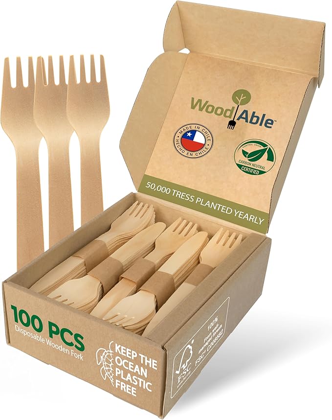 Disposable Wooden Cutlery Set - 100% Home Compostable - 100 Forks 6.5", Bamboo Utensils Alternative, Eco-Friendly, Organic, Sustainable and Carbon Neutral Certified by WoodAble