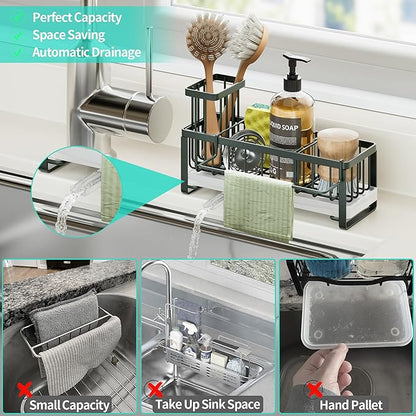 HapiRm Sponge Holder for Kitchen Sink - Self-draining Sink Caddy with Brush and Dishcloth Holders, Stainless Steel Kitchen Organizer for Countertop - Green - Image 7