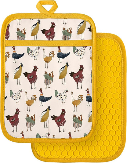 Slohif Silcone Chicken Pot Holders for Kitchen - 100% Cotton Yellow Cute Oven Potholders with Pockets, Heat Resistant Square Thick Hot Pads, House New Home Baking Baker Gifts,2pack