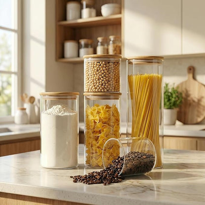 45oz - 3 Pack Glass Jars with Bamboo Lids, Glass Pantry Storage Containers with Airtight Lids, Round Air Tigh Food Storage Canisters for Cereal, Pasta, Flour, Sugar, Rice, Best for Kitchen Organizer - Image 2