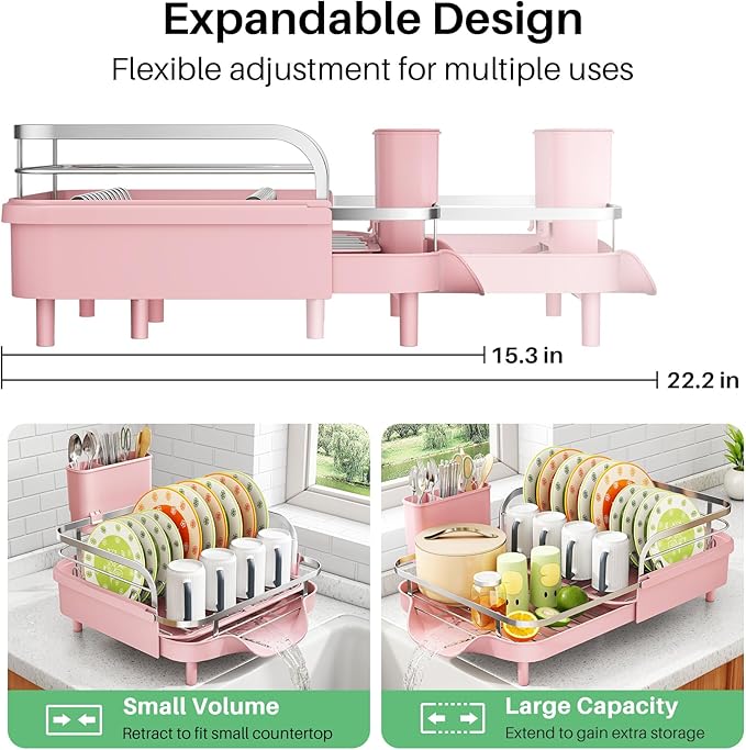 SAYZH Dish Drying Rack - Expandable Dish Rack for Kitchen Counter, Rust-Resistant Dish Drainer with Utensil Holder and Raised Guardrail, Kitchen Organizer for Cup and Bottle (Pink) - Image 2