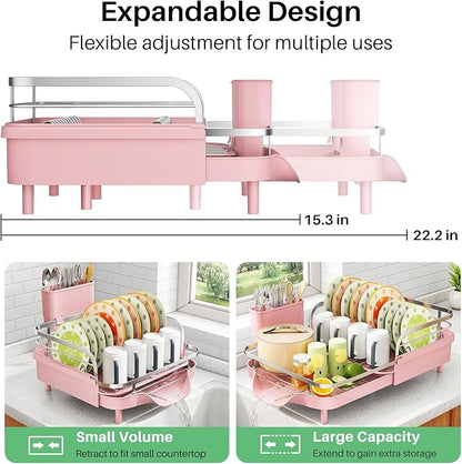 SAYZH Dish Drying Rack - Expandable Dish Rack for Kitchen Counter, Rust-Resistant Dish Drainer with Utensil Holder and Raised Guardrail, Kitchen Organizer for Cup and Bottle (Pink) - Image 2