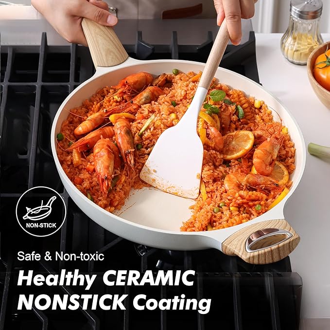 SENSARTE Ceramic Nonstick Frying Pan Skillet with Lid 12.5Inch Large Non Stick Non-toxic Healthy Kitchen Cooking Chef's Pan, Free of Intentionally Added PFOA/PFAS/PTFE, Induction Compatible, White - Image 2