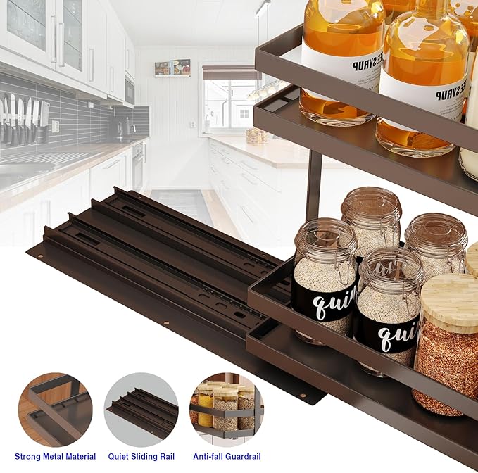 Mustorn 2 Pack Pull Out Spice Rack Organizer for Cabinet, 2 Tier Metal Slide Out Seasoning Organizer and Storage Heavy Duty Vertical Spice Rack Shelf Pullout for Kitchen Cabinets No Drilling (Black) - Image 4