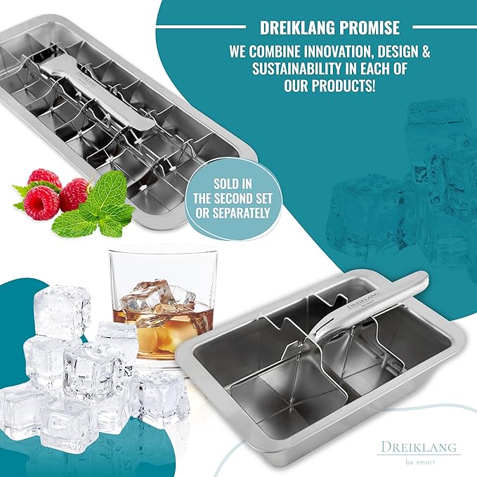 Stainless Steel Polished Ice Cube Tray for freezer with Lever Insert for Easy Release with cold-insulated comfort grip | Food-Safe & Durable Ice Cube Maker | Plastic-Free Large