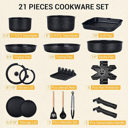 Ammeloo 21 Pcs Pots and Pans Set Non Stick with Detachable Handle & Grill Pan, Induction Ceramic Cookware Set, Non Toxic Kitchen Pots and Pans Set for RVs,Camping, Oven/Dishwasher Safe, Black - Image 2
