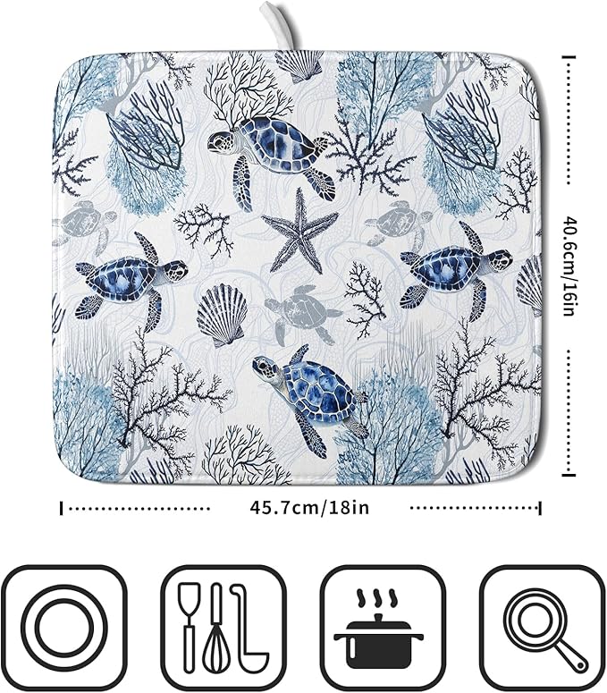 Giwawa 16"x18" Coastal Sea Turtles Dish Drying Mat Nautical Ocean Tortoise Coral Starfish Dish Drainer Mats for Kitchen Microfiber Reversible Dish Drying Rack Pad for Countertop Tabletop Decor