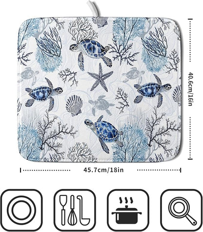 Giwawa 16"x18" Coastal Sea Turtles Dish Drying Mat Nautical Ocean Tortoise Coral Starfish Dish Drainer Mats for Kitchen Microfiber Reversible Dish Drying Rack Pad for Countertop Tabletop Decor