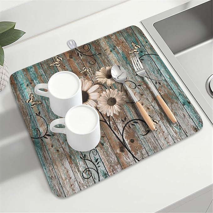 Dish Drying Mat for Kitchen Counter 16 x 18 Inch Rustic Vintage Daisy Floral Dish Drainer Mat Absorbent Microfiber Farmhouse Flowers Wooden Board Dish Rack Pad for Coffee Dining Bar Decor