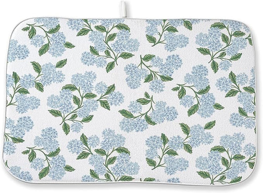 Blue Sage Green Floral Dish Drying Mat 18 x 24 Inch Spring Hydrangea Floral Drying Mat for Kitchen Counter Absorbent Summer Flowers Dishes Dry Pad for Drainer Rack Kitchen Fast Dry