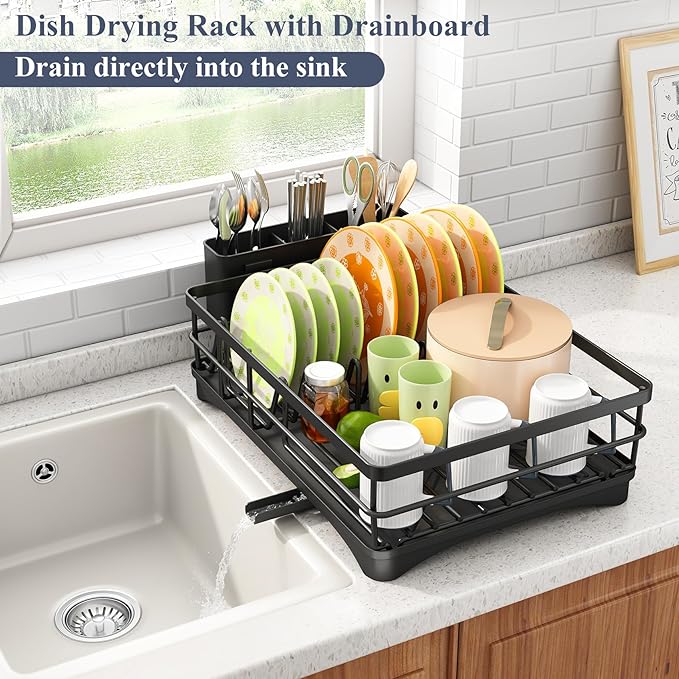 Dish Drying Rack - Rust Resistant Dish Drainer for Kitchen Counter with Drainboard & Rotating Spout, Large-Capacity Dish Rack with Removable Utensil Holder, Space-saving kitchen organizer, Black - Image 3