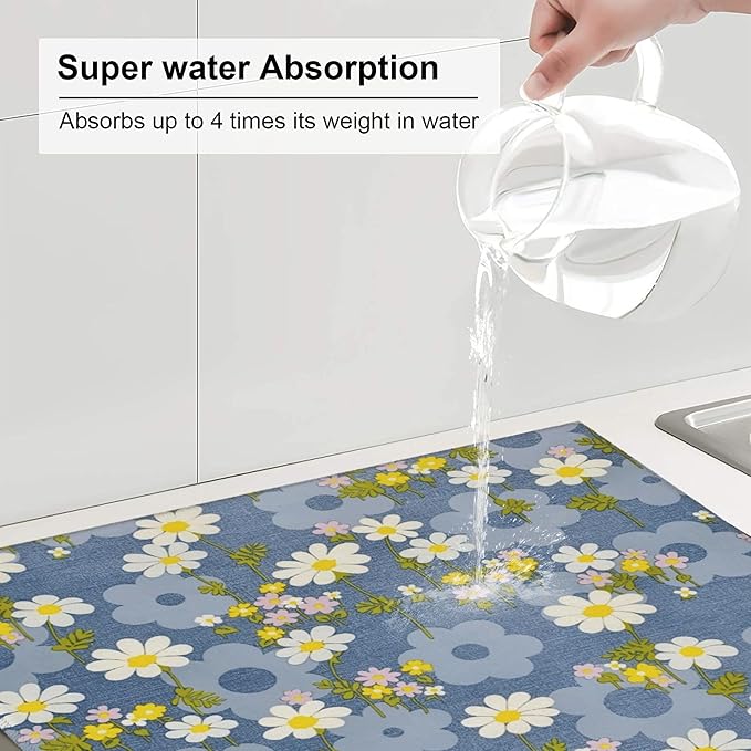 Daisy Flowers Dish Drying Mat for Kitchen Counter, 16"x18" Microfiber Absorbent Fast Dry Mat, 2Pcs Dish Mat Faucet Mats Sets, Large Drying Kitchen Mat Kitchen Drying Pad Coffee Bar Decor Gifts