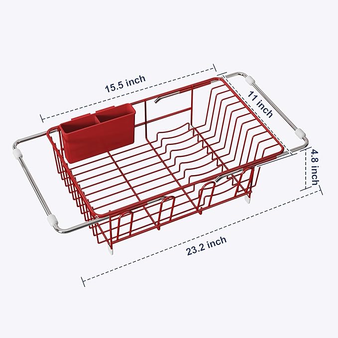 JASIWAY Red in Sink Dish Drying Rack, Expandable Stainless Steel Small Dish Rack Over Kitchen Sink, Plate Drainer Strainer with Cutlery Holder & Cup Holders, Counter Space Saving Wire Dryer Rack - Image 7