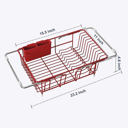 JASIWAY Red in Sink Dish Drying Rack, Expandable Stainless Steel Small Dish Rack Over Kitchen Sink, Plate Drainer Strainer with Cutlery Holder & Cup Holders, Counter Space Saving Wire Dryer Rack - Image 7