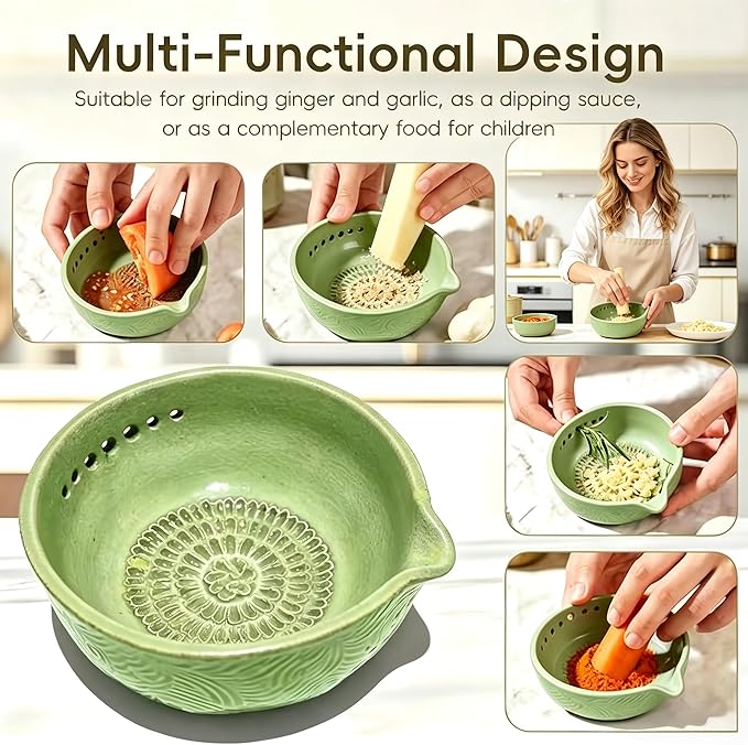 Garlic Grater Bowl 7-hole 2-in-1Kitchen Spanish Handheld Herb Stripper Ceramic Wasabi Cheese Spoon Ginger Spice Grinding Bowl Tool