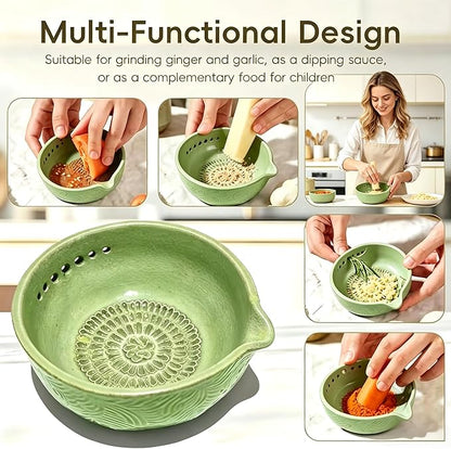 Garlic Grater Bowl 7-hole 2-in-1Kitchen Spanish Handheld Herb Stripper Ceramic Wasabi Cheese Spoon Ginger Spice Grinding Bowl Tool