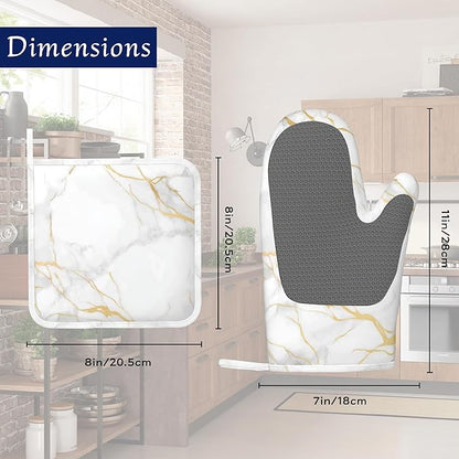 White Gold Marble Pot Holders and Oven Mitts Set Silicone Abstract Marble Kitchen Gloves Potholders Heat Resistant Washable,Chef Cooking Baking Gifts for Women Men Bakers Lover Cooks