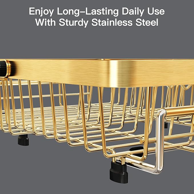 MAJALiS Dish Drying Rack Over The Sink, Expandable Stainless Steel Dish Drainer for Small Kitchen Counter Space Saving, RV Compact Plate Strainer in Gold Metal with Hanging Adjustable Utensil Holder - Image 5