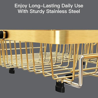 MAJALiS Dish Drying Rack Over The Sink, Expandable Stainless Steel Dish Drainer for Small Kitchen Counter Space Saving, RV Compact Plate Strainer in Gold Metal with Hanging Adjustable Utensil Holder - Image 5