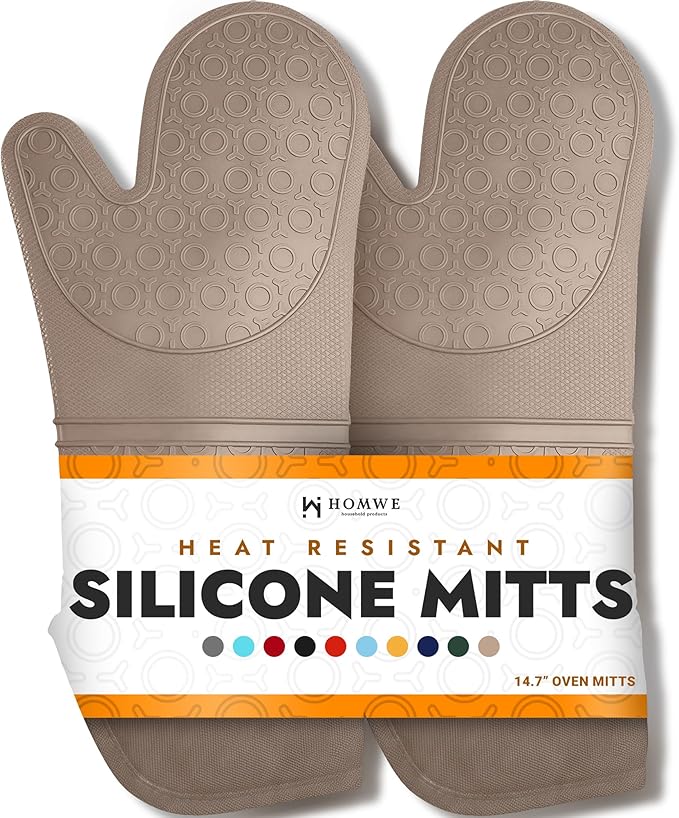 BPA-Free Silicone Oven Mitts Ultra Heat Resistant up to 500°F - Oven Mitts with Thick Cotton Liner - Long Slip Resistant Pot Holders, Flexible Oven Gloves - Beige 14.7 by HOMWE