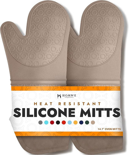 BPA-Free Silicone Oven Mitts Ultra Heat Resistant up to 500°F - Oven Mitts with Thick Cotton Liner - Long Slip Resistant Pot Holders, Flexible Oven Gloves - Beige 14.7 by HOMWE