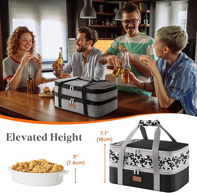 Lifewit Insulated Double Decker Casserole Carrier, Expandable Lasagna Lugger Tote Bag for Hot or Cold Food, Fits 9" x 13" Baking Dish for Potluck Parties, Picnic and Cookouts, Black-Flowers