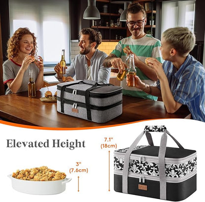 Lifewit Insulated Double Decker Casserole Carrier, Expandable Lasagna Lugger Tote Bag for Hot or Cold Food, Fits 9" x 13" Baking Dish for Potluck Parties, Picnic and Cookouts, Black-Flowers