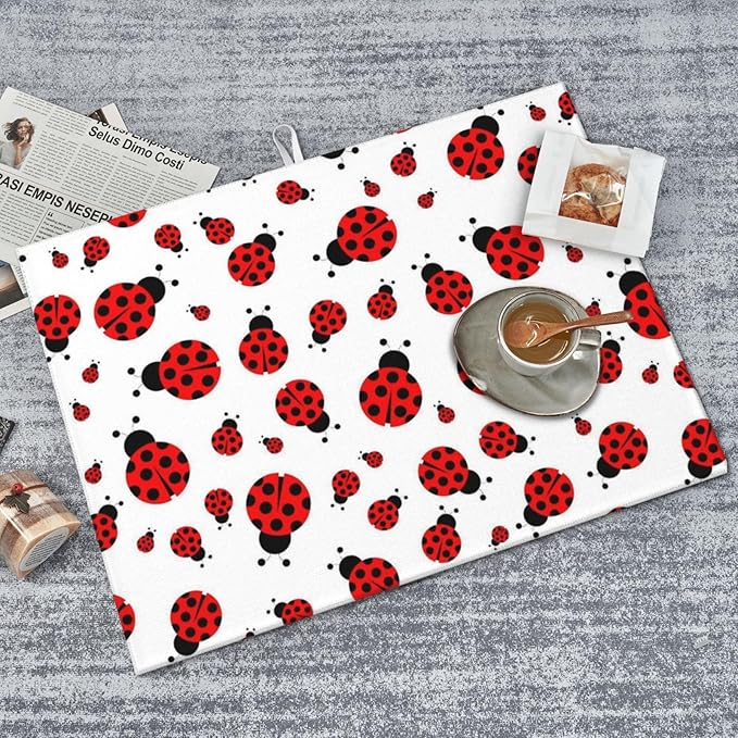Red Ladybug Dish Drying Mat Cute Small Dots Fun Animal Themed Drying Rack Pad Countertop Dishes Ultra Absorbent Microfiber Kitchen Counter Mat 18x24 Inch