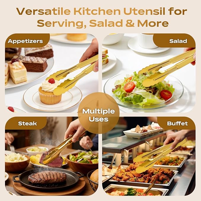 4 Pack Stainless Steel Serving Tongs, 9 Inch Gold Salad Tongs Serving Utensils Buffet Tongs Gold Plated Heavy Duty Reusable Metal Kitchen Clips for Salad, Snack, Barbecue, Catering, Wedding, Party - Image 6
