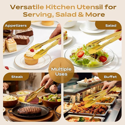 6 Pack Stainless Steel Serving Tongs, 9 Inch Gold Salad Tongs Serving Utensils Buffet Tongs Gold Plated Heavy Duty Reusable Metal Kitchen Clips for Salad, Snack, Barbecue, Catering, Wedding, Party - Image 6