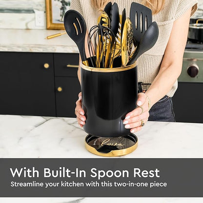STYLED SETTINGS Black and Gold Utensil Holder with Built-in Spoon Rest - 2 PC Large Ceramic Utensil Holder Includes Black & Gold Spoon Rest - Luxury Kitchen Accessories - Utensils Not Included - Image 7